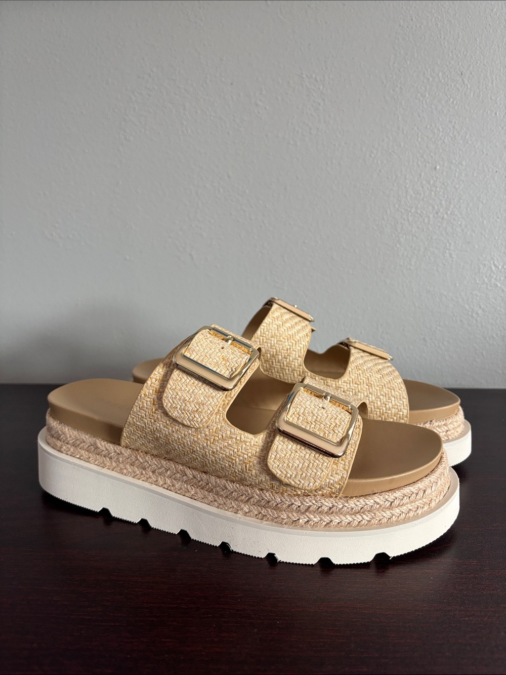 Madden Girl Natural Beige Woven Double-Buckle Platform Mules - Picture 7 of 12